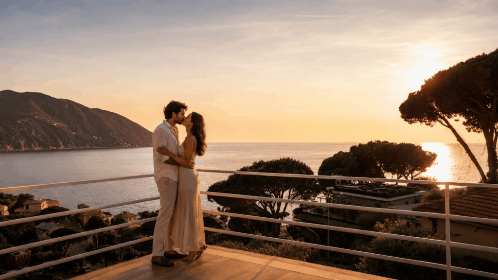 couple at sunset on a terrace overlooking the sea