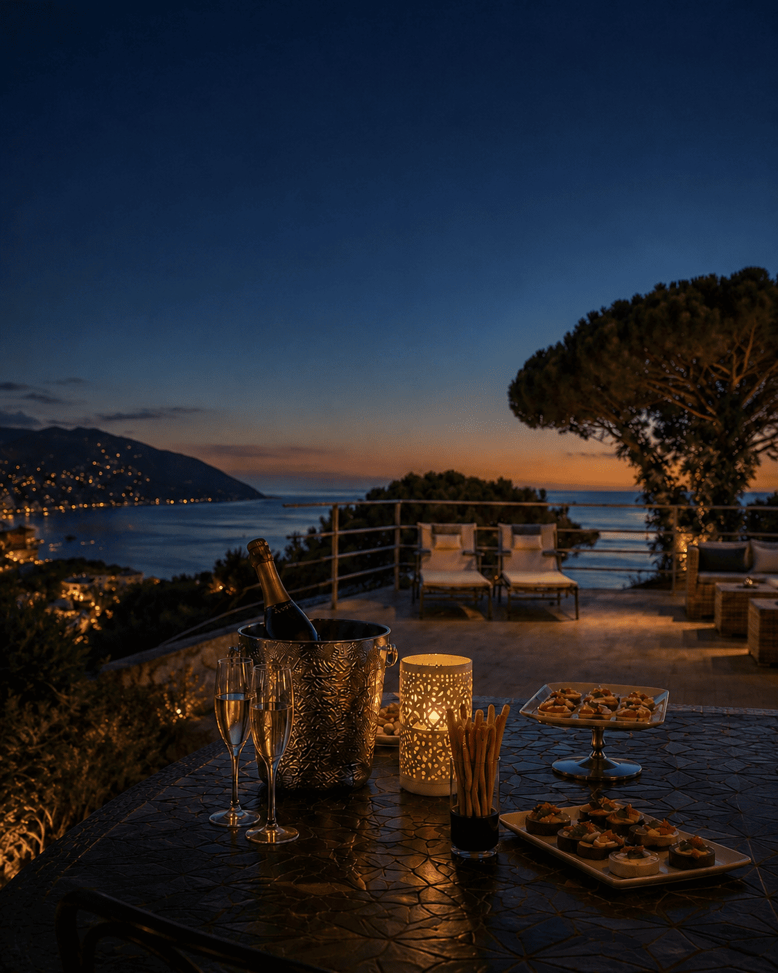 aperitivo in terrazza di sera vista mare